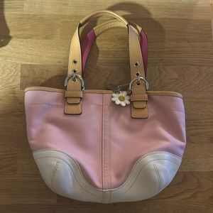 Pink and White Leather Coach Poppy Bucket Bag